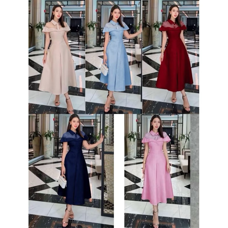 เดรสยาวชุดราตรี S/M/L ใส่ออกงาน ทรงคอปก อกแต่งผ้าซีทรูลายจุด ทรงสวยสุดปัง