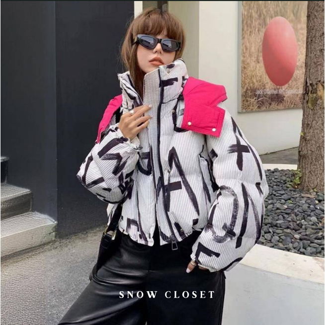 #พร้อมส่ง Coat Down Jacket With Hood โค้ทขนเป็ด ลายอักษร