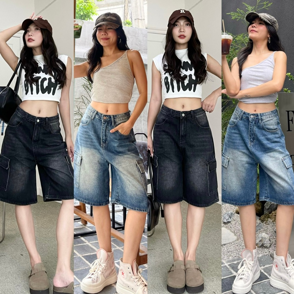 JORTS CARGO ขาสั้น3ส่วน 2สี คาร์โก้ยีนส์สีเข้มฟอกพร้อมส่ง SMLXL2XL