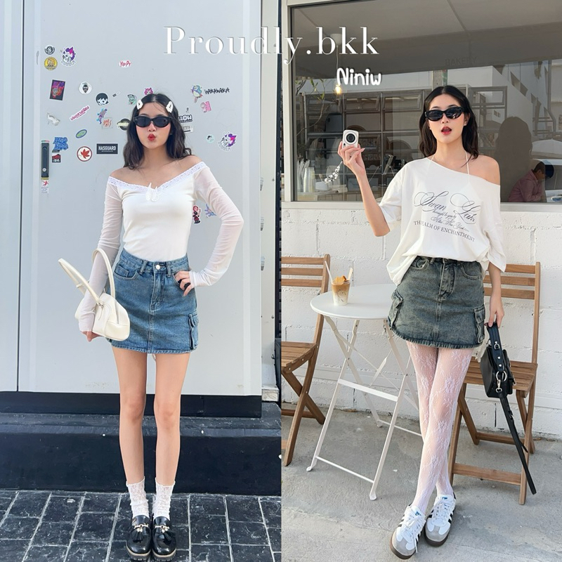 Proudly.bkk Niniw jeans skirtกระโปรงยีนส์คาร์โก้ งานป้ายผ้านอกนำเข้า