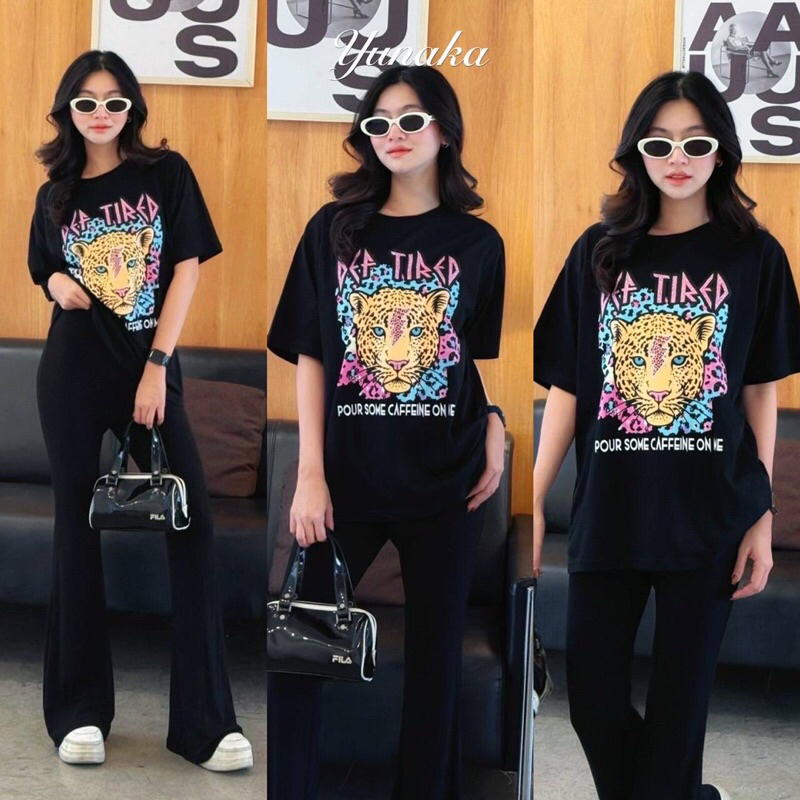 เซต2ชิ้นเสื้อยืดคอกลมแขนสั้นทรงoversizeมาพร้อมกางเกงขายาวทรงขาม้า