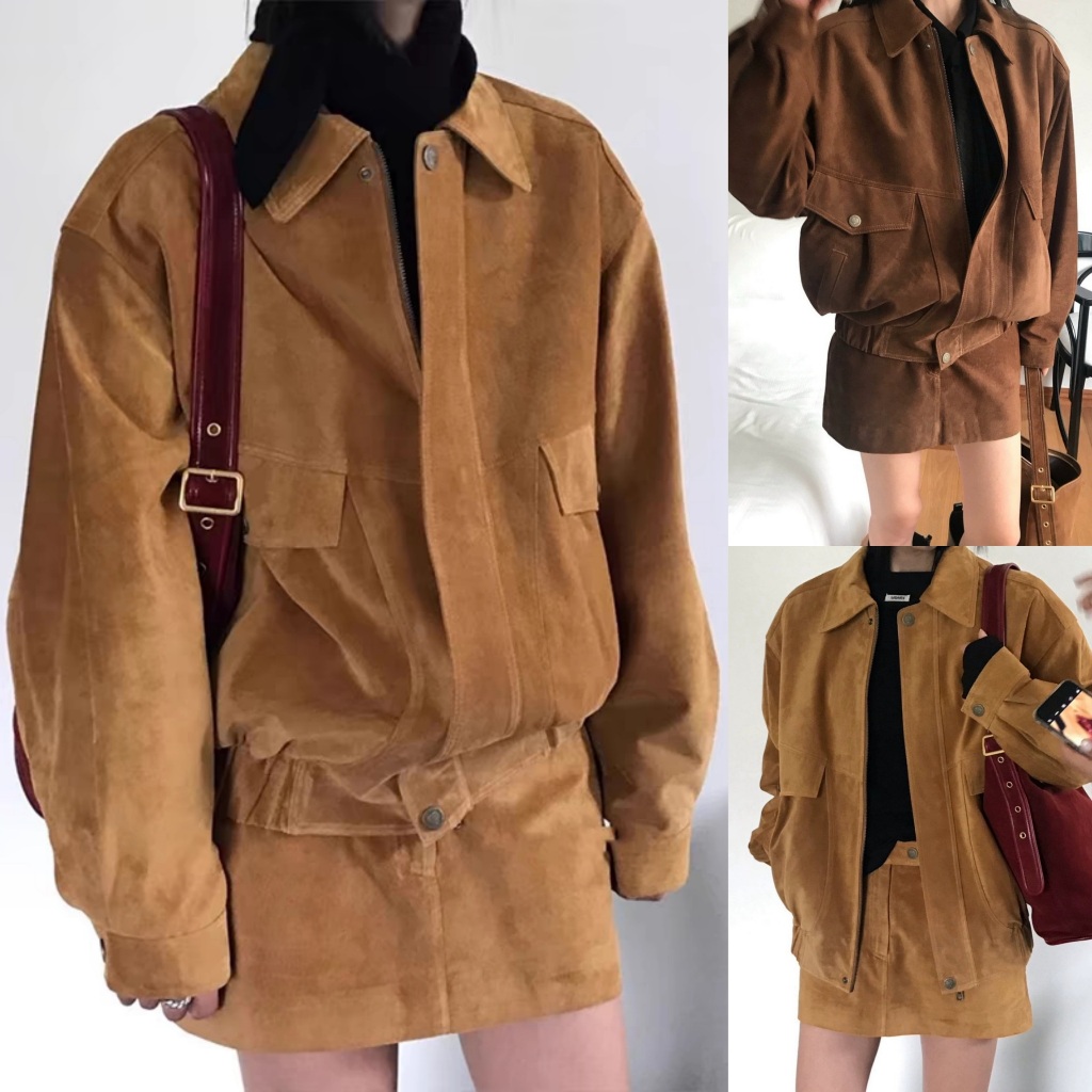 พร้อมส่ง 2สี ชุดเซ็ต2ชิ้น เสื้อแจ็คเก็ตแขนยาวหนังกลับสีน้ำตาล กับกระโปรงสั้นMini (S218)