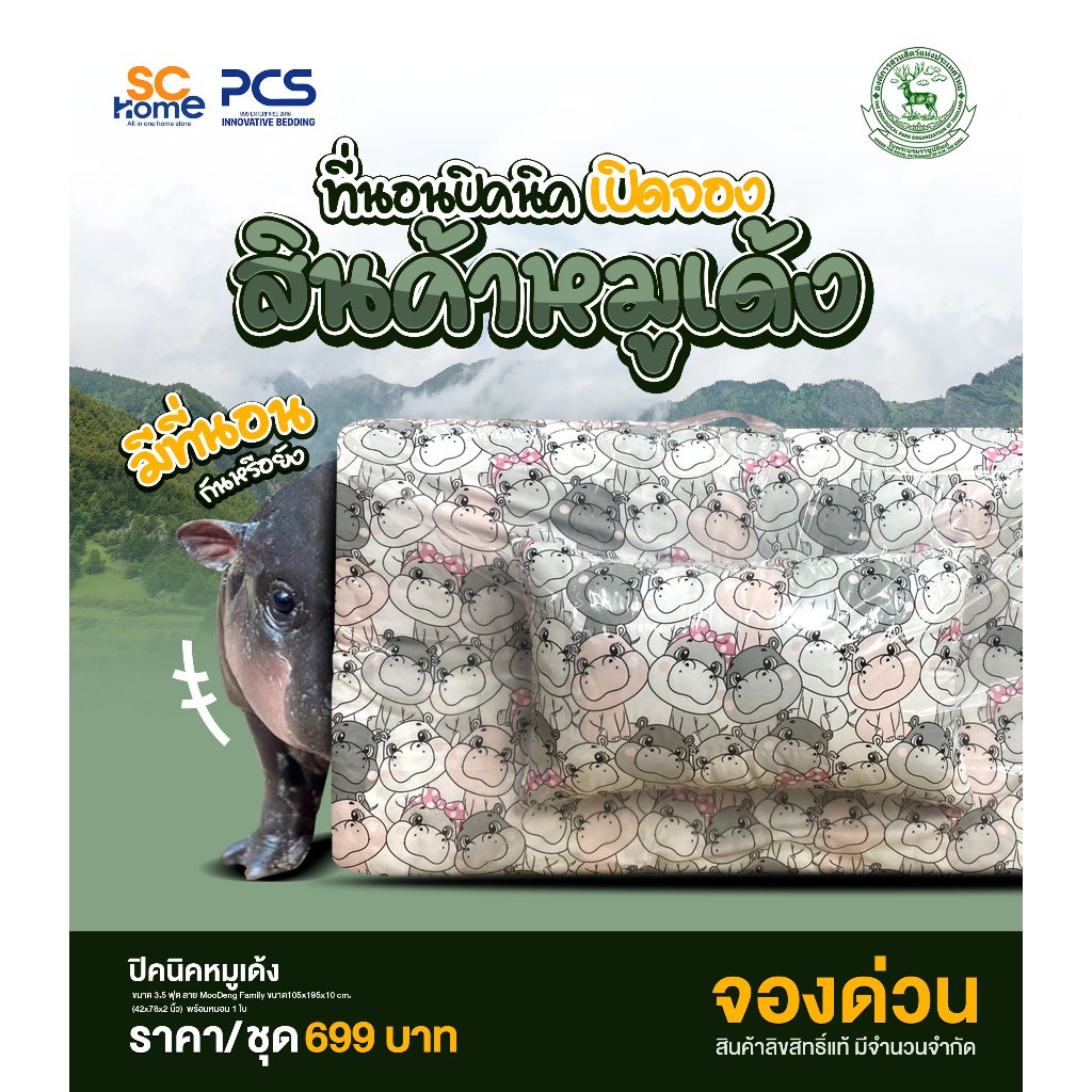 (พร้อมส่ง) ที่นอนปิคนิค ที่นอนหมูเด้ง ลาย Moodeng Family