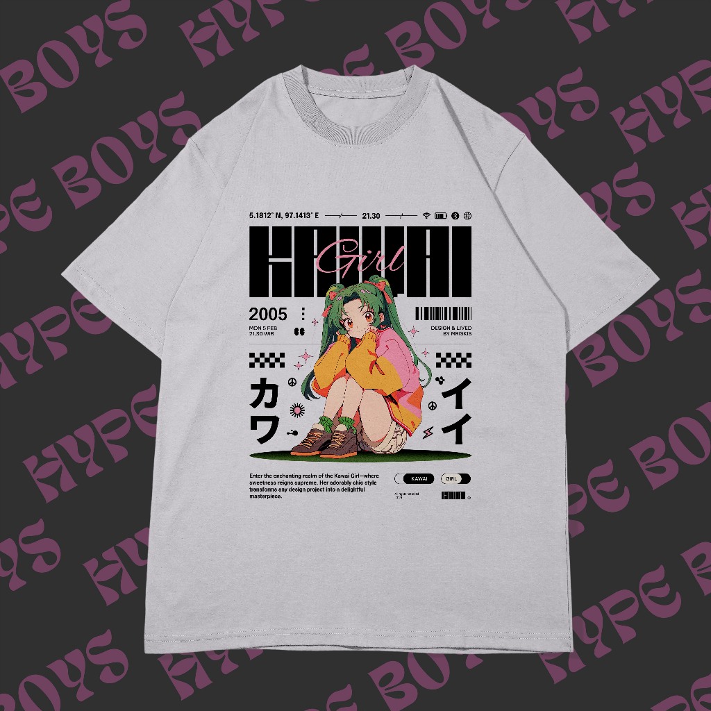 สกรีน Kawaii Anime เสื้อยืดโอเวอร์ไซส์สีขาว/ดำ ผ้าคอตตอล สกรีนDFT/DTF