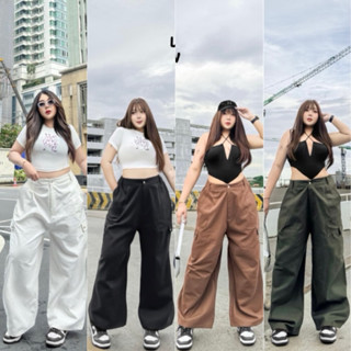 LC กางเกงขายาวเอวสูงคาโก้ กระเป๋าข้างแต่งกระดุม ไซส์ใหญ่ สาว…