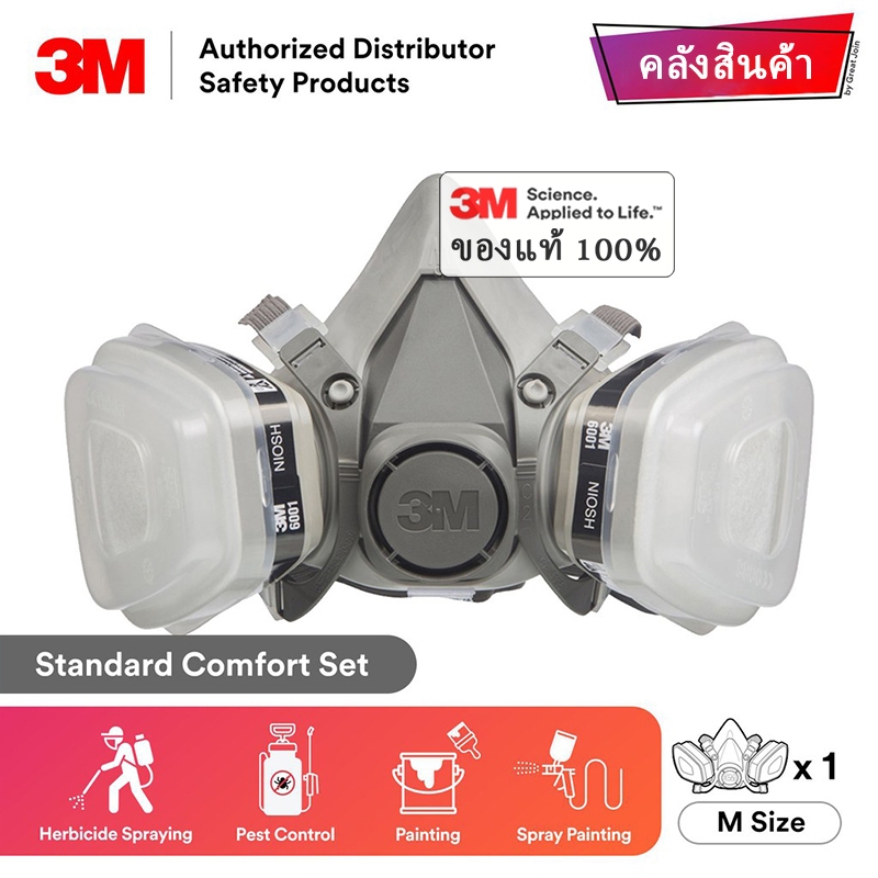 3M 6200 พร้อมตลับกรอง 6001 หน้ากากกันสารเคมี ครบชุด สำหรับงานพ่นยาการเกษตร พ่นสีรถ
