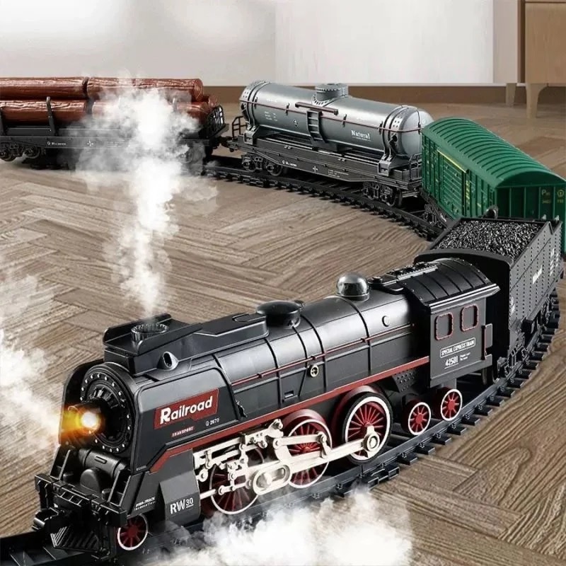 Retro Steam Train TRACK เด็กที่เปลี่ยนแปลงรถรางจำลองไฟฟ้าไอน้ำสเปรย์ขนาดเล็กรางรถไฟของเล่นรุ่นRetro