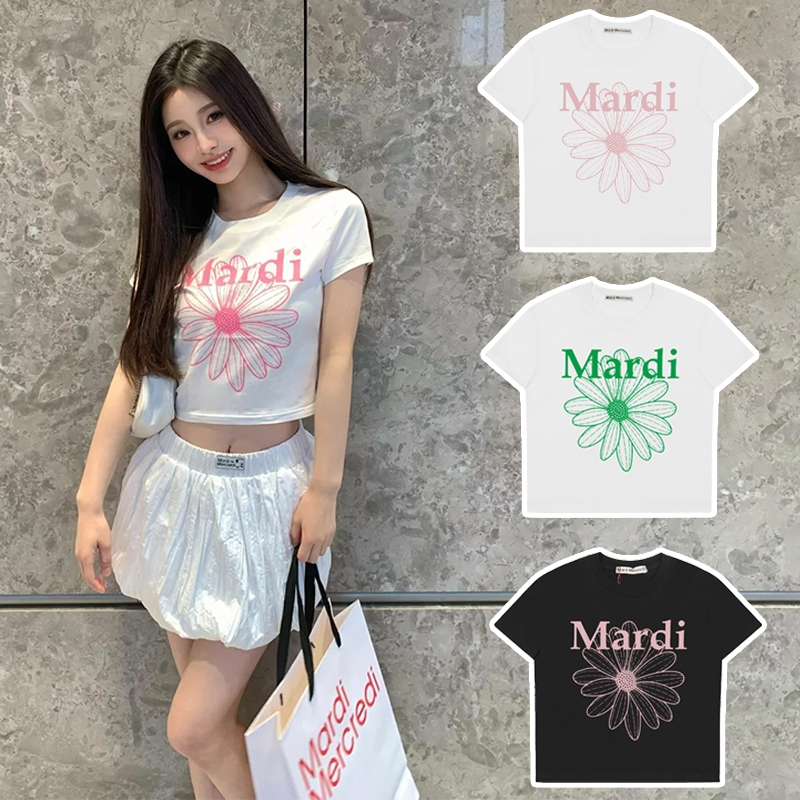 MARDI Mercredi เสื้อยืด CROP SLIM DDANJI TSHIRT TRIPLE FLOWER เกาหลีแท้ เดซี่ ลายดอกไม้ แขนสั้นพิมพ์ลายดอกเดซี