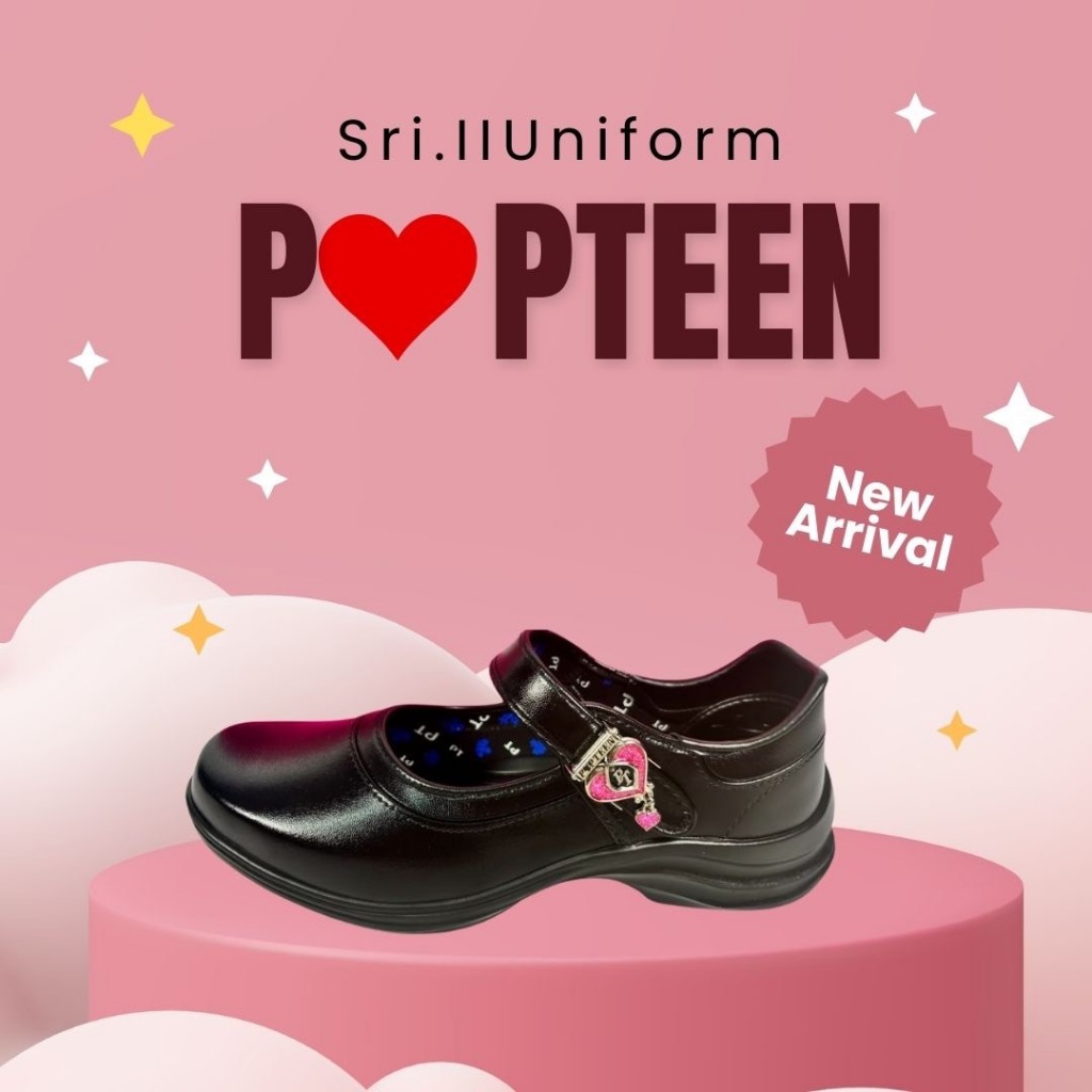 POPTEEN รองเท้านักเรียนผู้หญิง จี้หัวใจ หนังดำรุ่นใหม่ SiZE 38 - 42