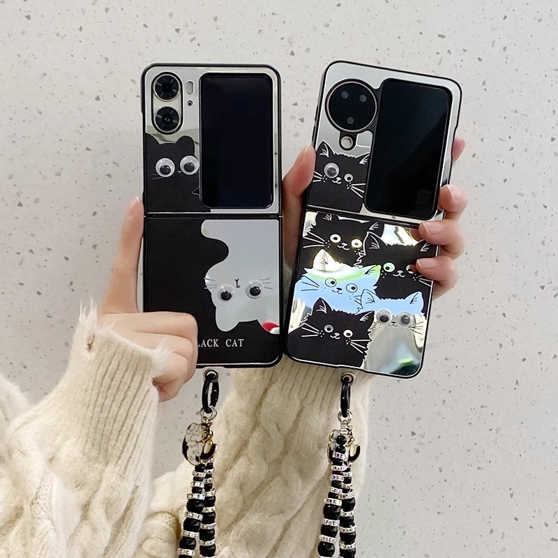 เคสโทรศัพท์มือถือสำหรับ OPPO Find N3 Flip , Find N2 Flip ตัวเคสลาย น้องแมวน่ารักๆ มีกระจก มีรุ่นสายคล้องมือ สไตล์เกาหลี