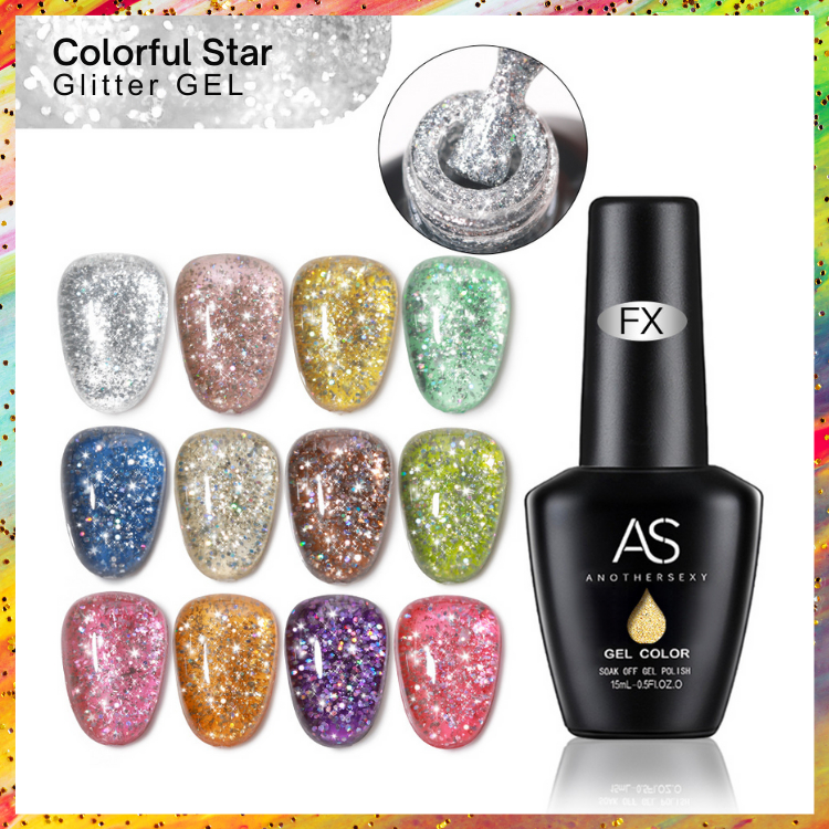 AS สีเจล สีทาเล็บ กลิตเตอร์ สีกากเพชร คุณภาพดี รหัส FX 01-12 ขนาด15ml.