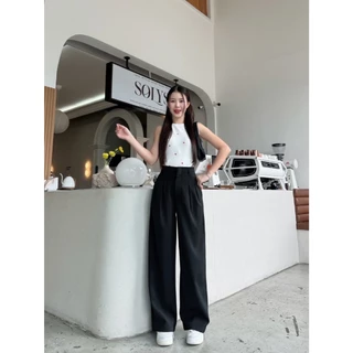 T34 Momo Pants ขอบในตัว ยาว42นิ้ว กางเกงทรงกระบอกกลาง กางเกงขายาว ผู้หญิง เอวสูง พรางหุ่น พรางสะโพก ใส่ทำงาน ผ้าพริ้ว