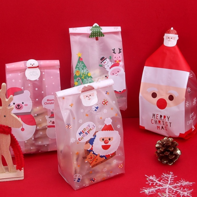 💕แพค48-50ใบ💕ถุงขนมติดสติกเกอร์ ลายคริสมาสต์ Chirsmas 8.5*22+6cm.​ ถุงหนา​ คุณภาพดี