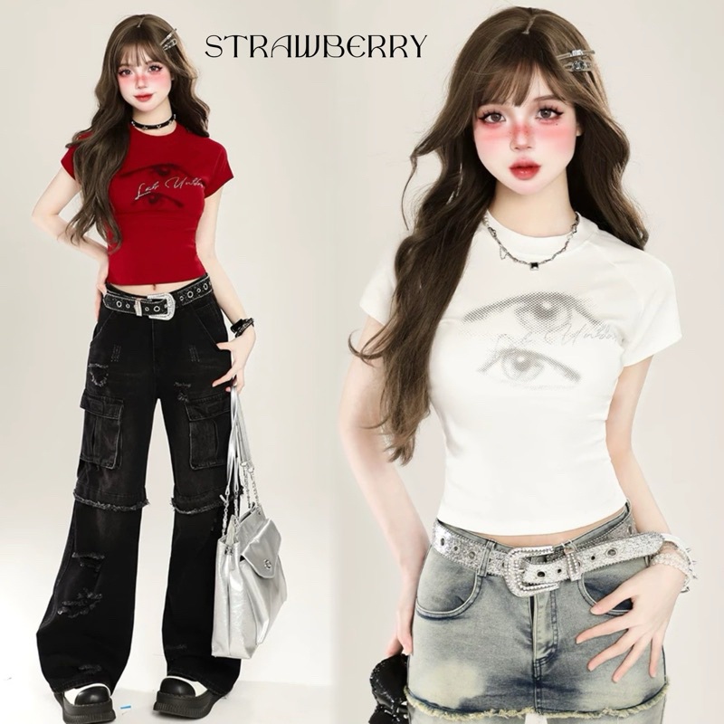 STR พร้อมส่ง เสื้อรัดรูป เสื้อยืดแขนสั้นสีขาว คอกลม ทรงเอวลอย Y2K เสื้อครอปแฟชั่นผู้หญิง พิมพ์ลายตา น่ารัก สไตล์เกาหลี