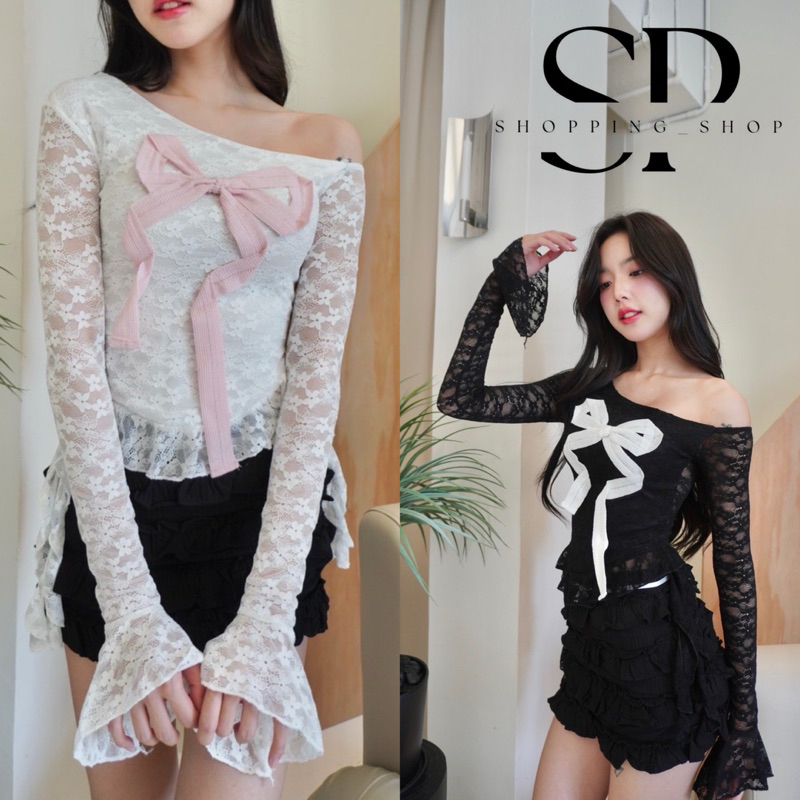 jarinya เสื้อปาดไหล่แขนยาว ลายลูกไม้ปักโบว์