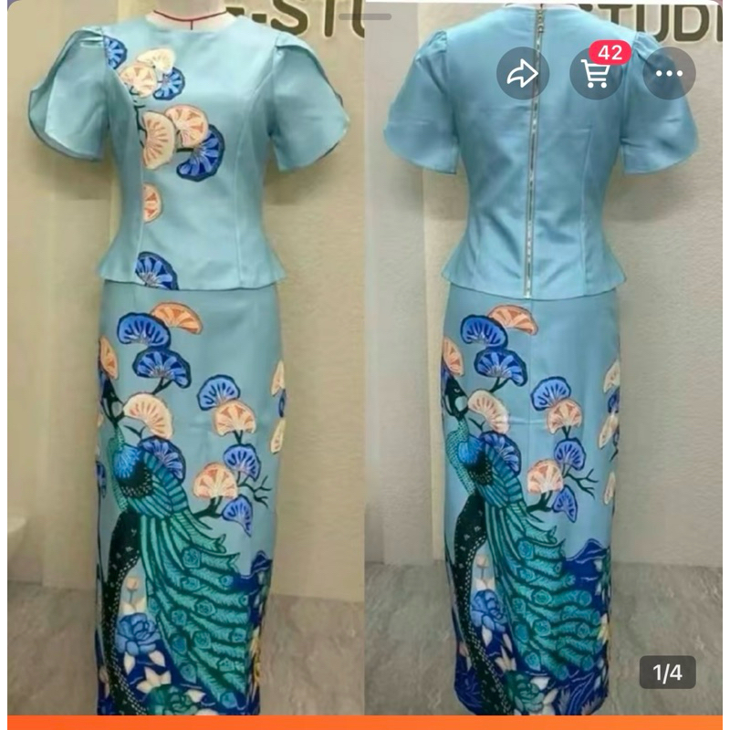 (s,m) ชุดไทย เสื้อ+กระโปรง ลายไทย สีฟ้า สวยมากๆ งานป้าย amelia