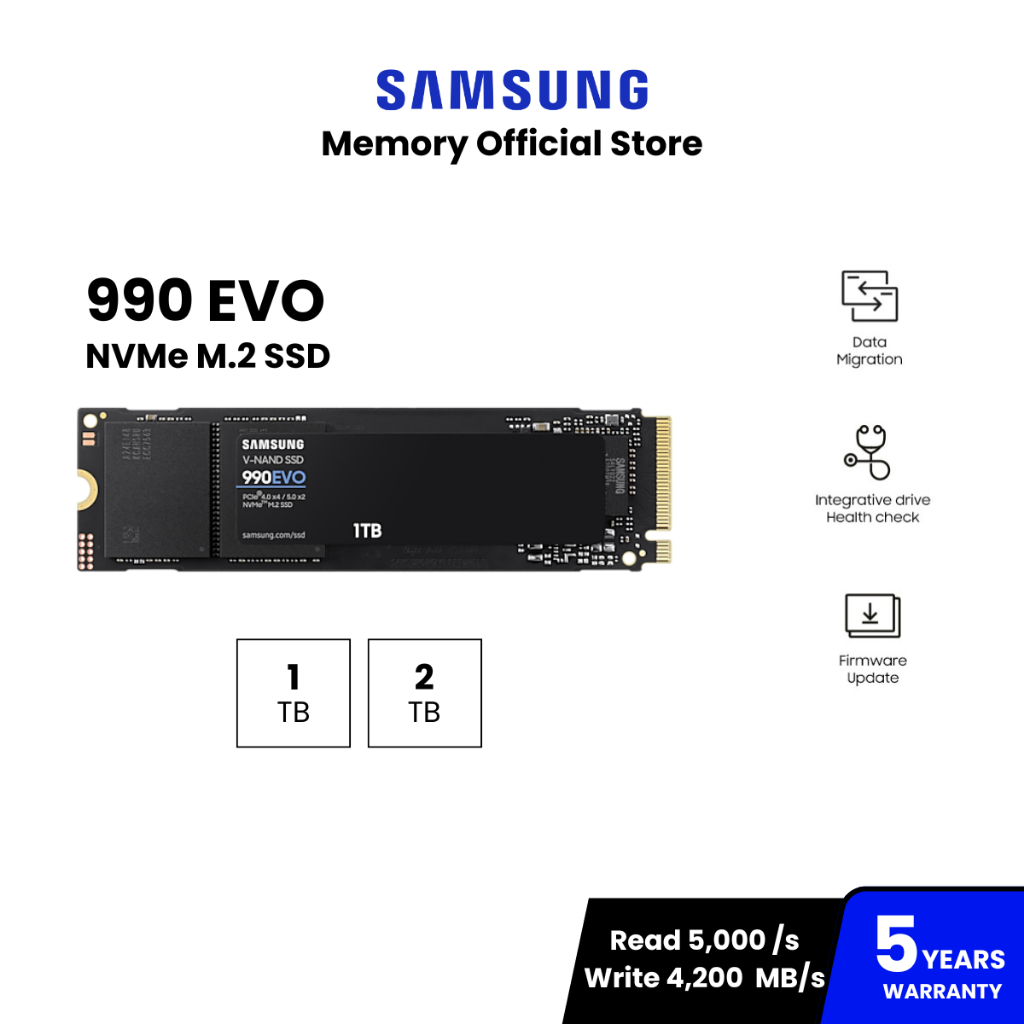 SAMSUNG 990 EVO SSD M.2 5,000 / 4,200 MB/s ความจุ 1TB/ 2TB : 5Y (990 EVO / MZ-V9E)