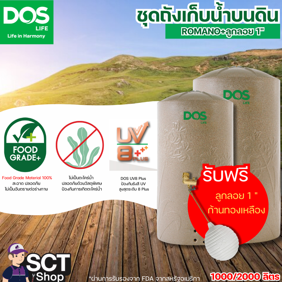DOS ชุดถังเก็บน้ำ 1000 และ 2000 ลิตร รุ่น ROMANO+ลูกลอย 1"
