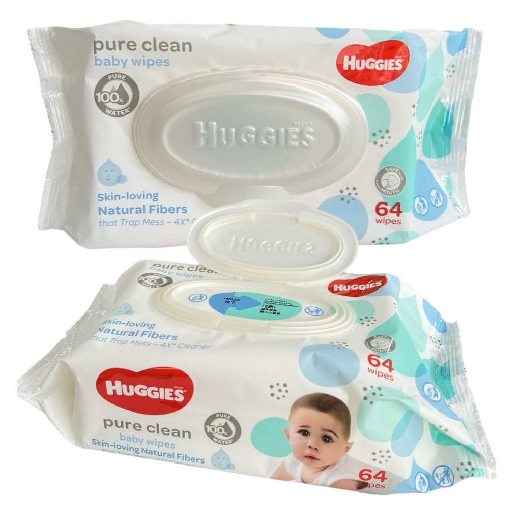 แพ็คสุดคุ้ม 1+1] ใหม่! Huggies Pure Clean Baby wipes 64แผ่น