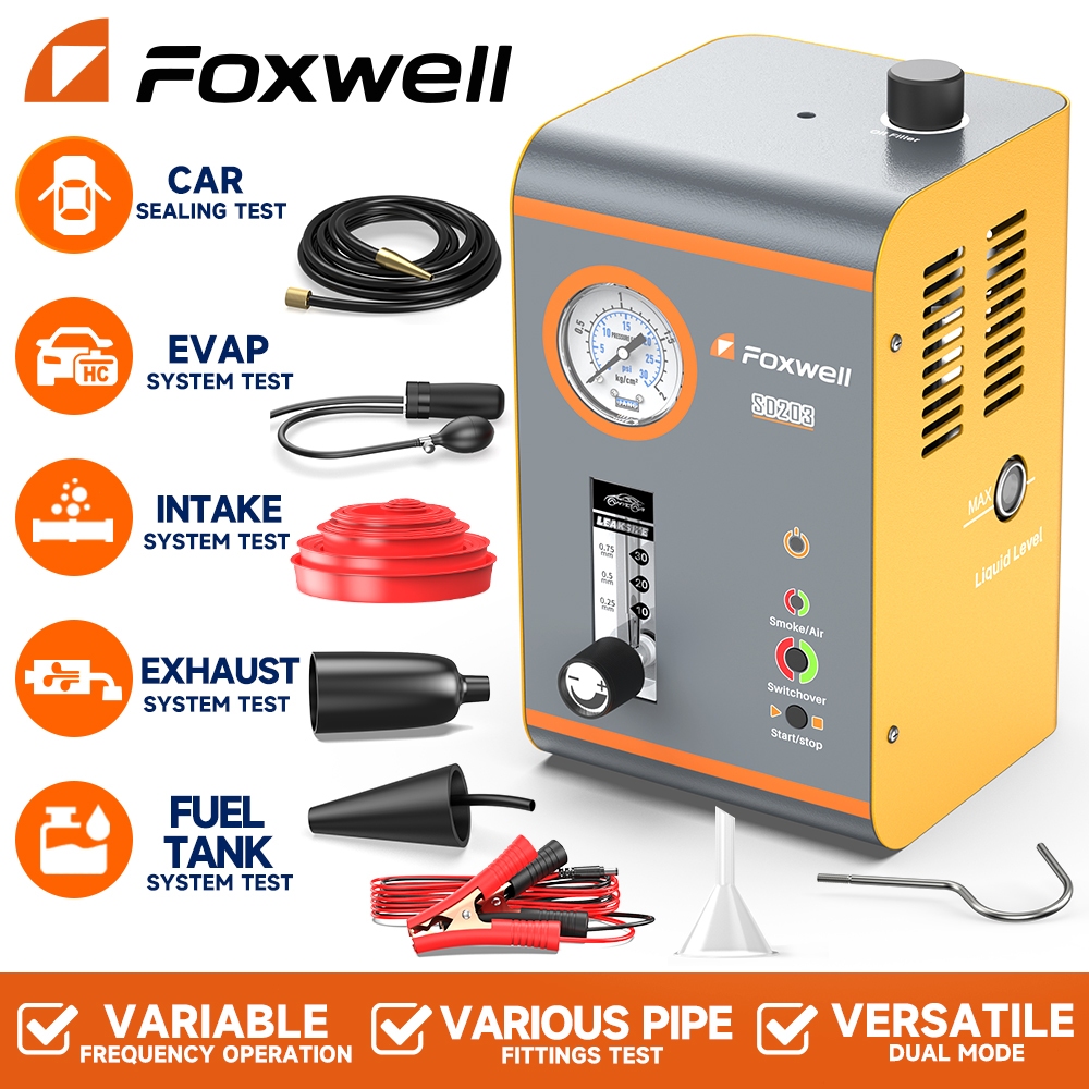 FOXWELL SD203 เครื่องตรวจจับการรั่วไหลของควัน มีปั๊มลมและเกจวัดแรงดันในตัว การตรวจสอบท่อ EVAP