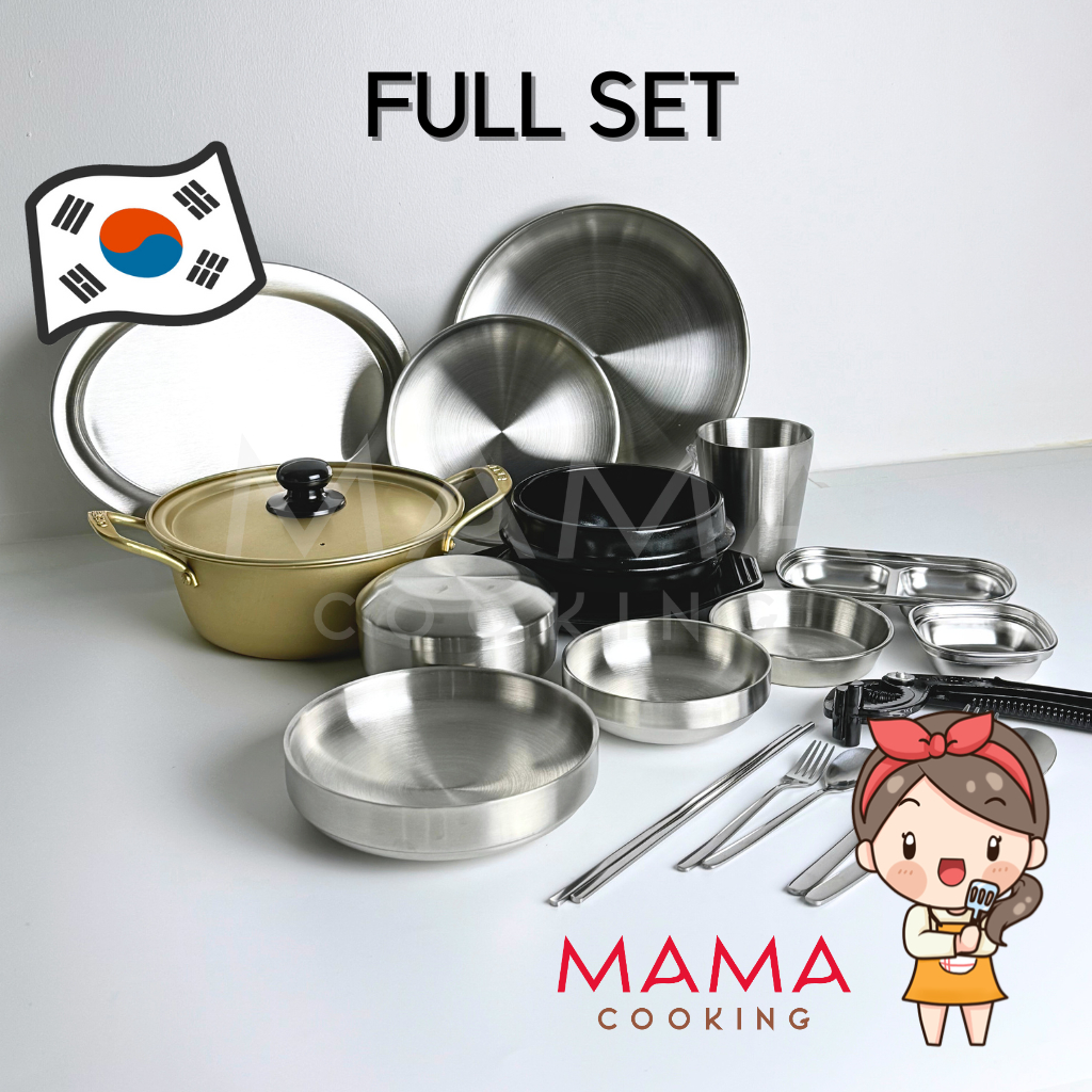 Mama Cooking - ชุดเครื่องครัวเกาหลี Full set ครบเซ็ต ช้อน ตะเกียบ จาน ชาม สแตนเลส หม้อเกาหลี หม้อมาม่า