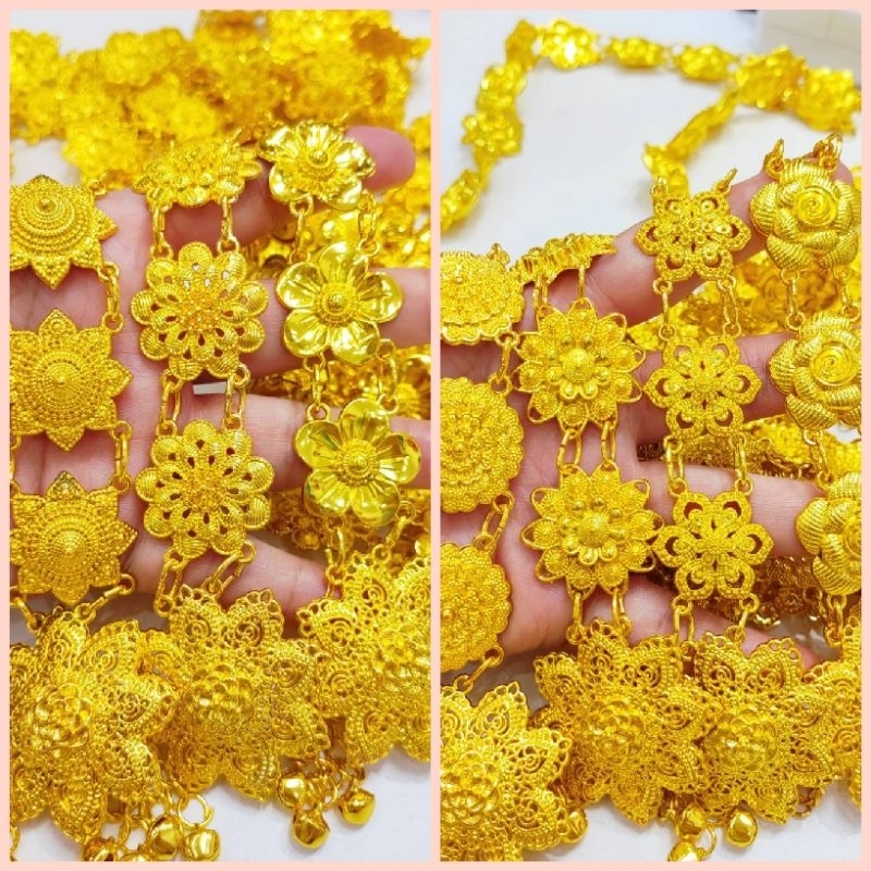 เครื่องประดับสีทองมีเข็มกลัดกำไลสังวาลย์ + เข็มกลัดชุดสร้อย + ต่างหูรัดเกล้าชฎากำไลยาว