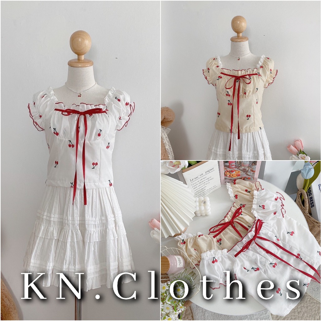 KN.Clothes เสื้อแขนตุ๊กตา ผ้าปักลายเชอร์รี่ แต่งระบายหน้าอก สม็อคด้านหลัง Somethingcute