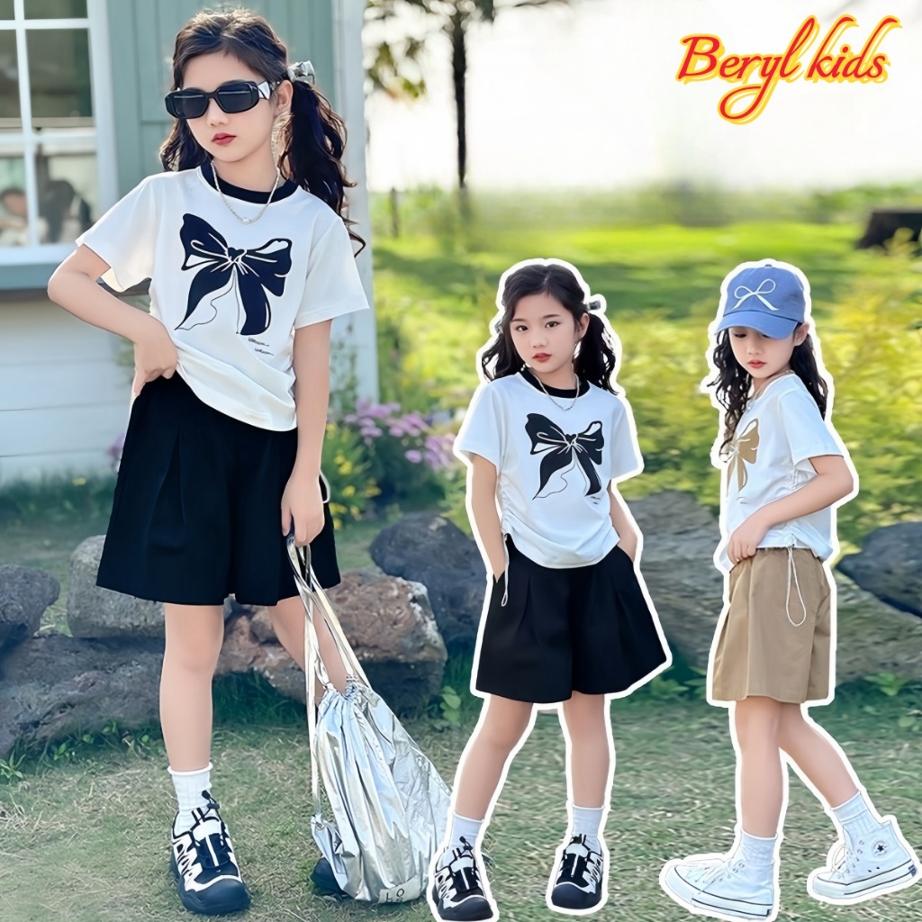 Beryl kids🌸ชุดแฟชั่นเด็กผู้หญิง🎀ชุดลําลองสองชิ้นฤดูร้อน กางเกงขาสั้นแขนสั้นเด็กสาว พิมพ์ลายน่ารัก สไตล์เกาหลี