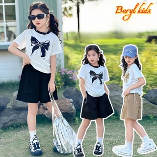 Beryl kids🌸ชุดแฟชั่นเด็กผู้หญิง🎀ชุดลําลองสองชิ้นฤดูร้อน กางเกงขาสั้นแขนสั้นเด็กสาว พิมพ์ลายน่ารัก สไตล์เกาหลี
