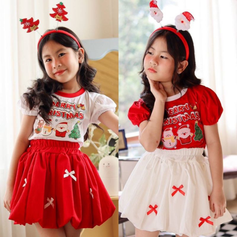ชุดเซ็ตซานตี้เด็กหญิง3ชิ้น เสื้อ+กระโปรงบอลลูนฟูๆ+ที่คาดผมคละลาย