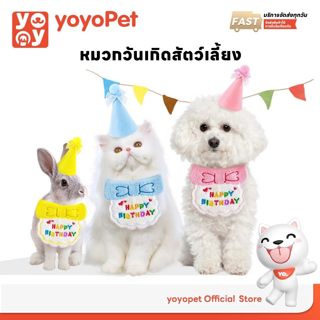 yoyopet : หมวกวันเกิดสัตว์เลี้ยง พร้อมปลอกคอวันเกิด เซ็ตผ้ากันเปื้อนวันเกิดแมว สุนัข ครบเซ็ต งานปัก