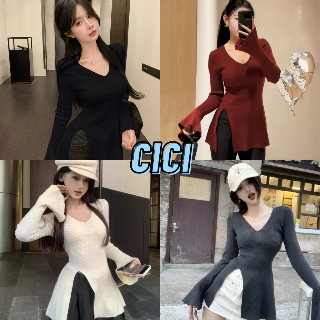 ส่งทันที Cici(NO. C1992)เสื้อแขนยาวไหมพรมคอวี ดีเทลแหวกหน้า สไตล์เกาหลีลุคซุกซน