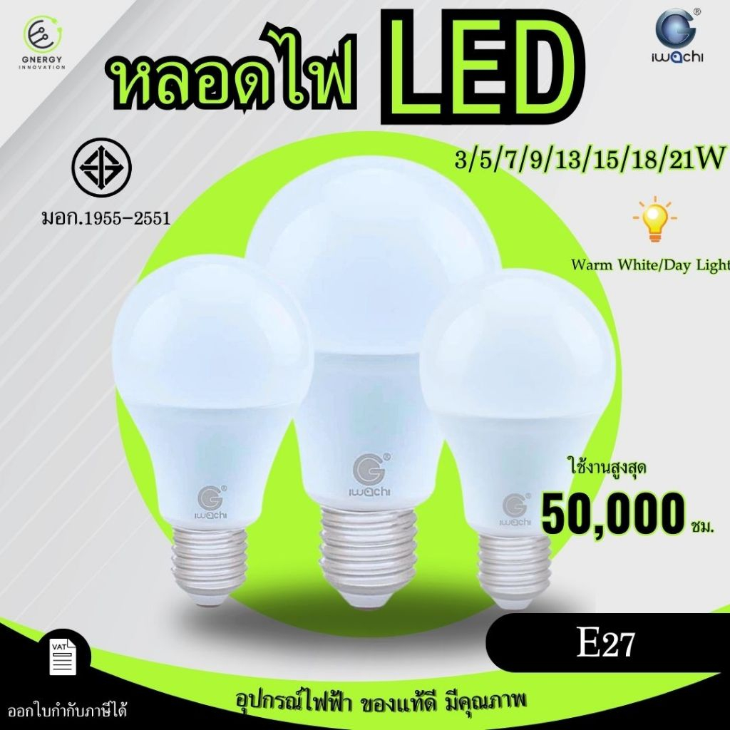 IWACHI หลอดไฟ LED แสงไฟสีขาว แสงสีวอร์มไวท์ เหมาะกับขั้วE27 3W 5W 7W 9W 13W 15W 18W 21W BULB LIGHT