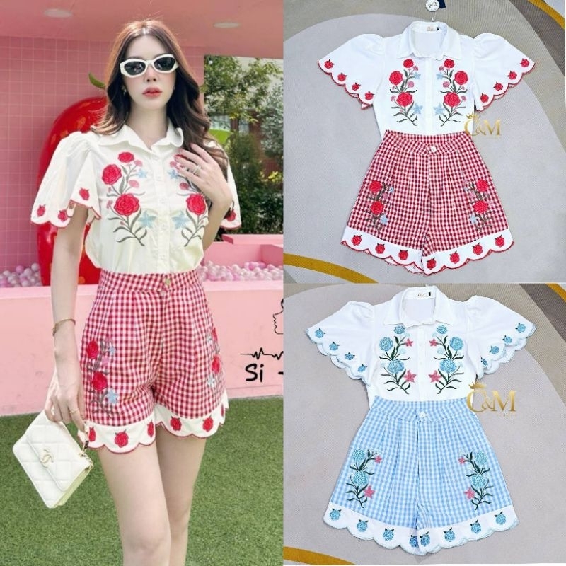 S-4xlชุดเซ็ทสุดน่ารักเสื้อลายปักลายกุหลาบมาพร้อมกางเกง 2สี แดง ฟ้า