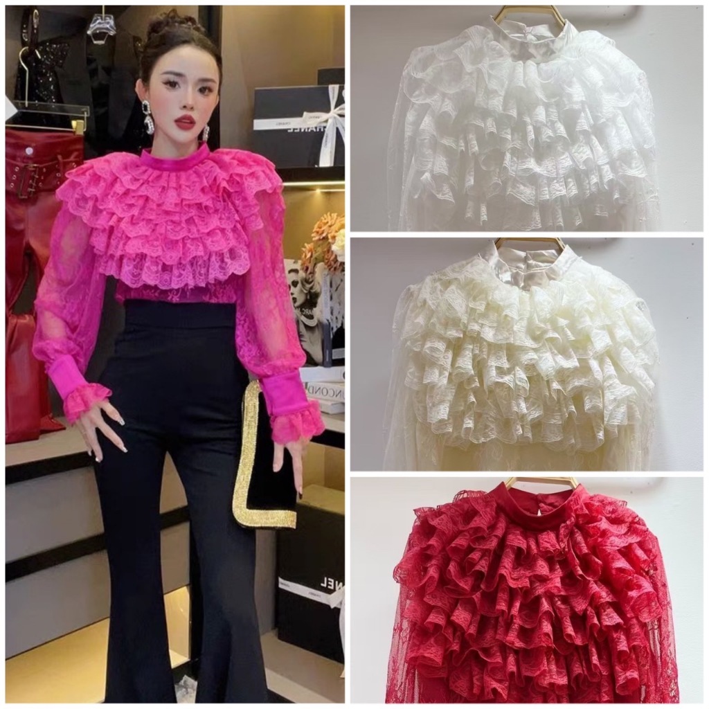 พร้อมส่ง เสื้อลูกไม้คอกลมระบายลูกไม้หน้าอกดีเทลสวยเเพงมีซับในในตัว