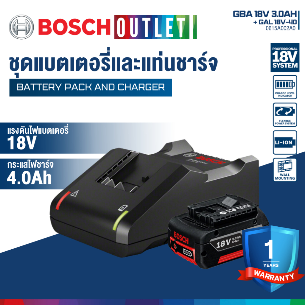 BOSCH  STARTER KIT (แบต 18V 3.0Ah. x 1 ก้อน | 1 แท่นชาร์จ GAL18V-40) #0615A002A0