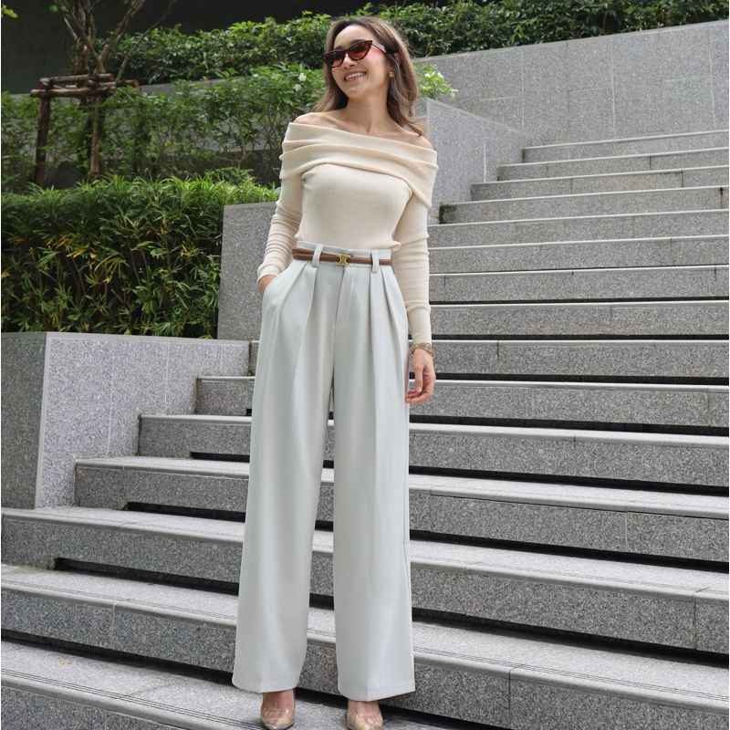 กางเกงทรงกระบอกขายาว ผ้าเย็นใส่สบาย + แถมเข็มขัดฟรีP49