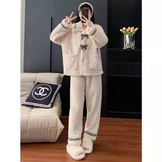 No.GG550 ชุดเซ็ทขนนุ่ม ผ้านาโน (คอปกแต่งโบว์ดำ) ชุดนอน ชุดใส่เที่ยว เสื้อผ้าแฟชั่น