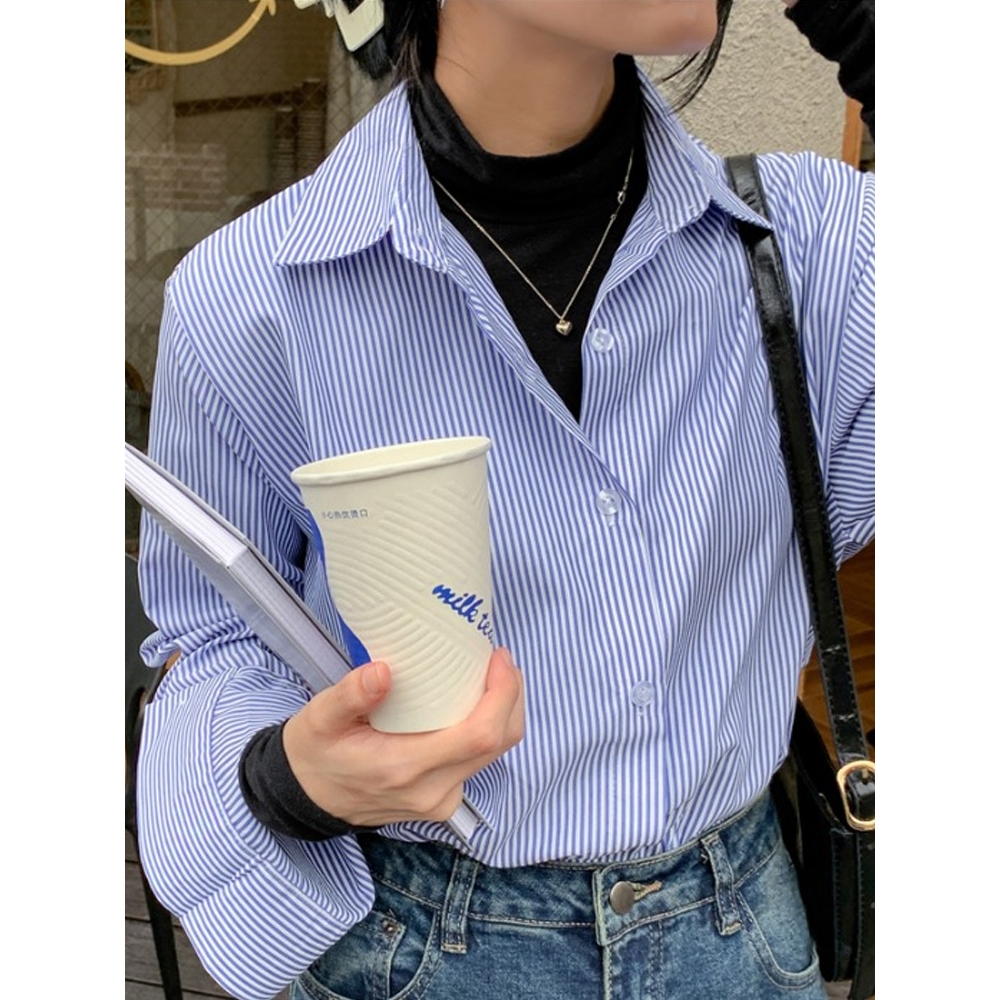 Cuties ❤️ W261❤️ เสื้อเชิ้ตแขนยาว เสื้อแฟชั่นผู้หญิงลายทาง สีฟ้า สไตล์เกาหลี