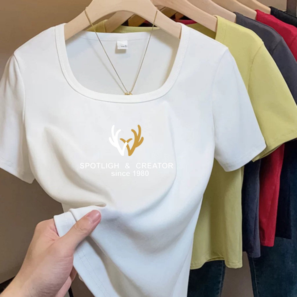 เสื้อยืดผู้หญิง เสื้อยืดคอยู สีทึบ เซ็กซี่ แขนสั้น ผิดปกติ ท็อปส์ซูผ้าฝ้าย แสดงผอม เสื้อยืดสาวอวบ เสื้อโอเวอร์ไซส์ M-3XL