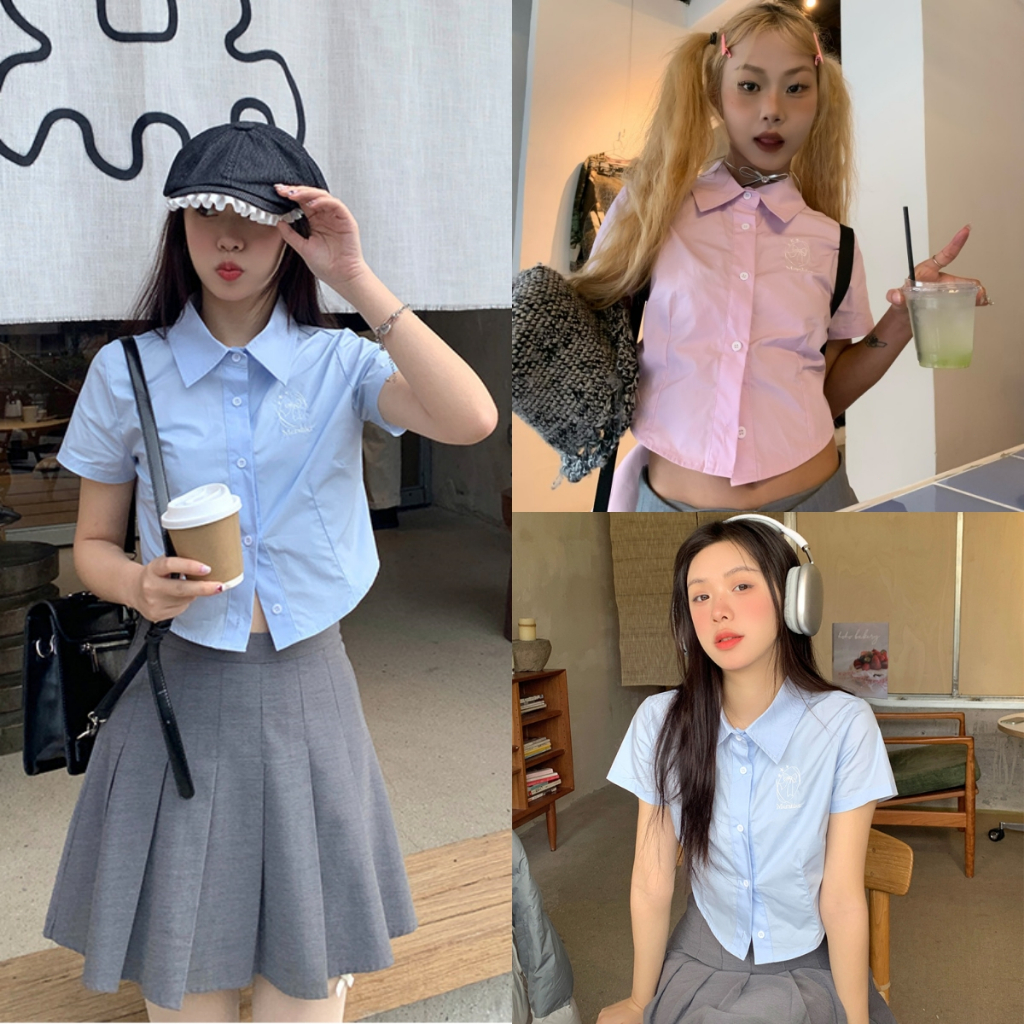 Beryl เสื้อเชิ้ตแขนสั้นทรงสลิมฟิตสไตล์วิทยาลัยสำหรับผู้หญิง เสื้อตัวสั้นสีชมพูหวานและสีน้ำเงินสุดเก๋