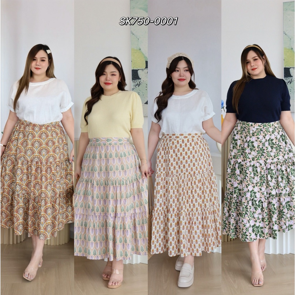 SK750-0001 กระโปรงต่อระบาย ผ้า Cotton อินเดียพิมพ์มือ มีซับใน กระโปรงสาวอวบพลัสไซส์ ตัวกว้าง
