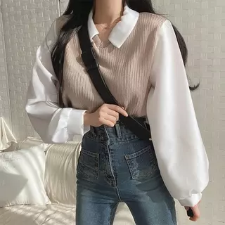 พร้อมส่งในไทย** เสื้อคอปกแขนยาวสีขาว ผ้าร่องผ้าทิ้งตัว สไตล์เกาหลี Y178