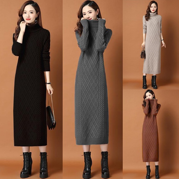 พร้อมส่ง เดรสคอเต่าตัวยาว เดรสไหมพรมวูลหนานุ่มถักลาย-12423