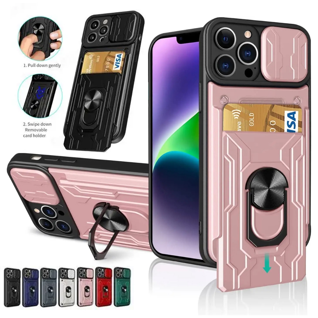 🇹🇭NEW เคสไอโฟน 3In1ปกป้องกล้องเลื่อนแบบแข็งกันกระแทกพร้อมห่วงที่ตั้งฐานสำหรับ เคส iphone 16 15 14 13