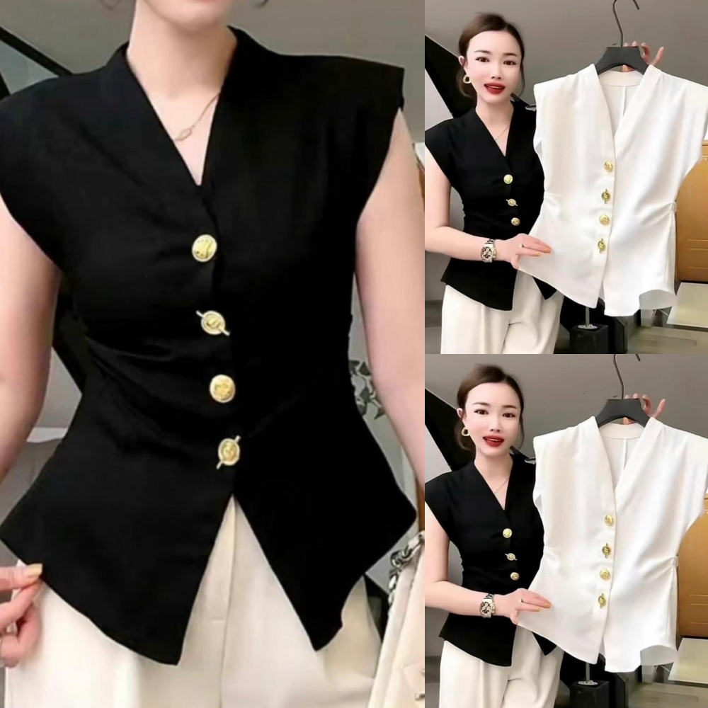 พร้อมส่ง เสื้อผ้าวูลเวฟ สไตล์เกาหลี แขนล้ำคอวีแต่งจีบข้างกระดุมหน้า A5368