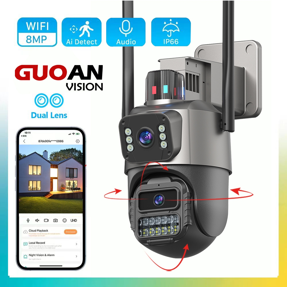 GUOANvision 8MP 4K กล้องวงจรปิด IC see เสียงกลางแจ้ง WiFi กล้องตรวจจับการเคลื่อนไหวสัญญาณเตือนไฟ