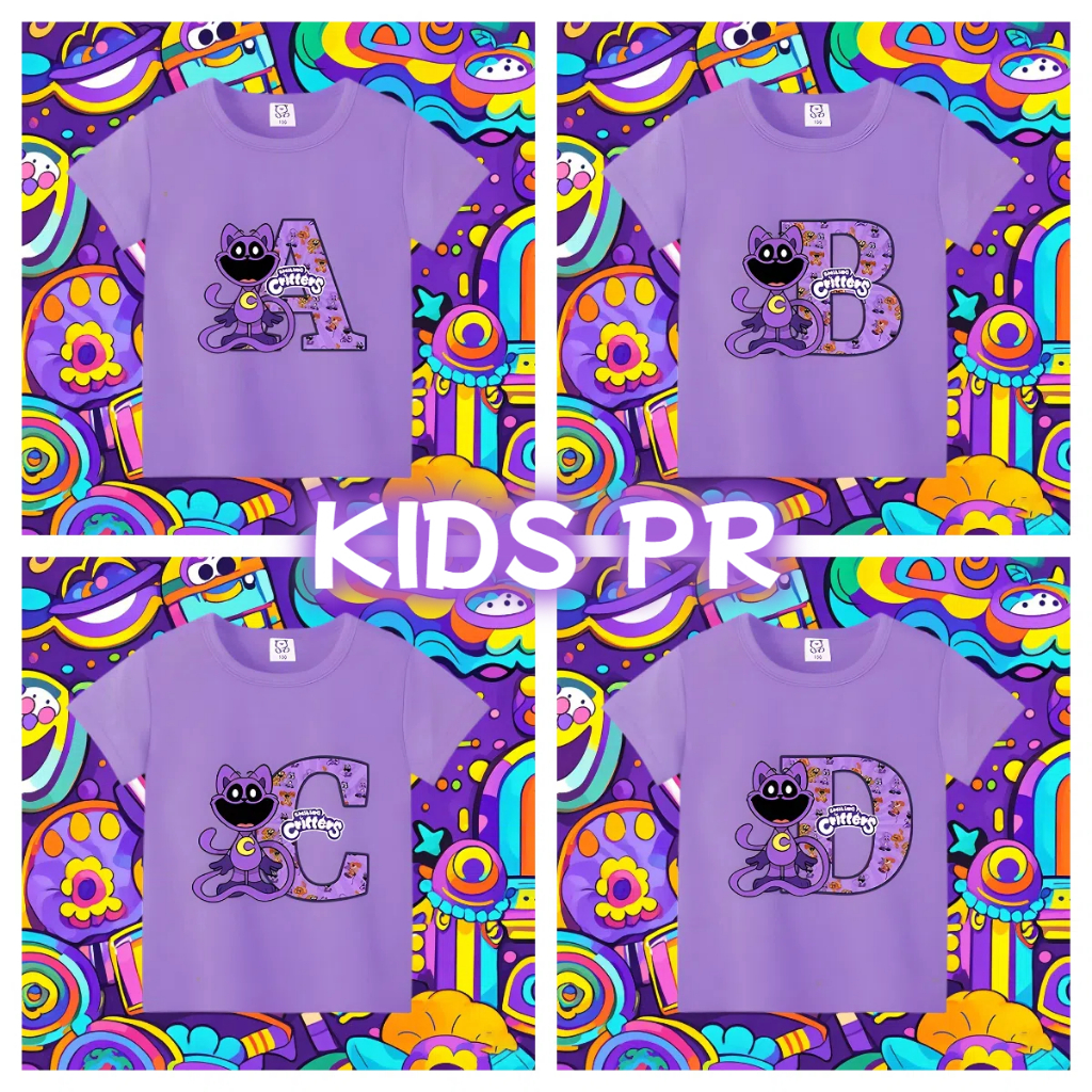 ใหม่ยิ้ม Critters ตัวอักษร ABC เด็ก Catnap สีม่วงเสื้อยืดชื่อเริ่มต้นการ์ตูน Tee เสื้อเด็กเสื้อผ้าสบายๆสาวเด็ก Tops