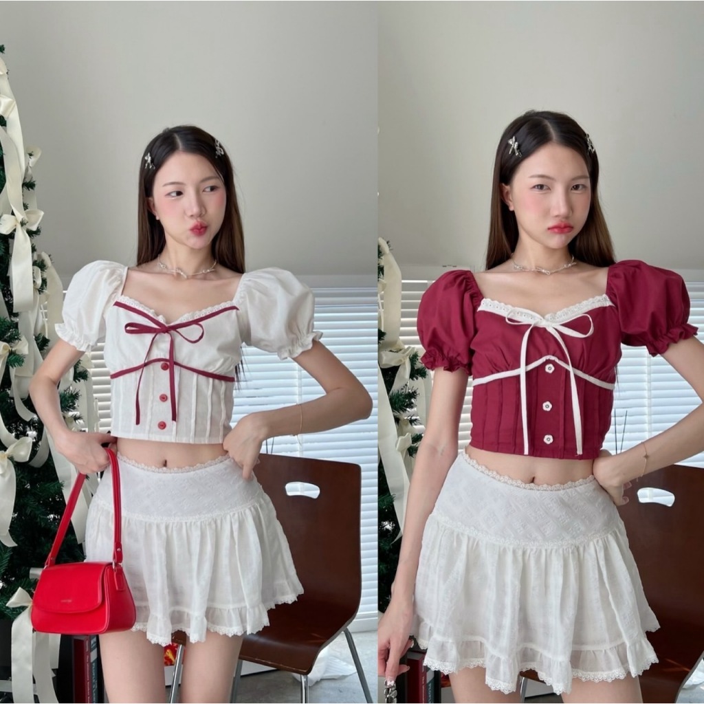 เสื้อแขนตุ๊กตา เสื้อครอปแขนตุ๊กตาผู้หญิงสีขาว แต่งลูกไม้จั๊มอกน่ารักๆ สีแดง คริสต์มาส น่ารักๆ ป้าย PROD.