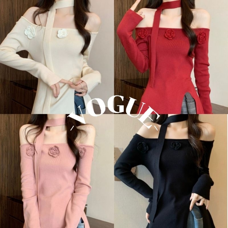 Vogue พร้อมส่ง เสื้อเปิดไหล่ไหมพรม แขนยาว ผ้าร่องยิดกำลังสีสดใส (MX065)